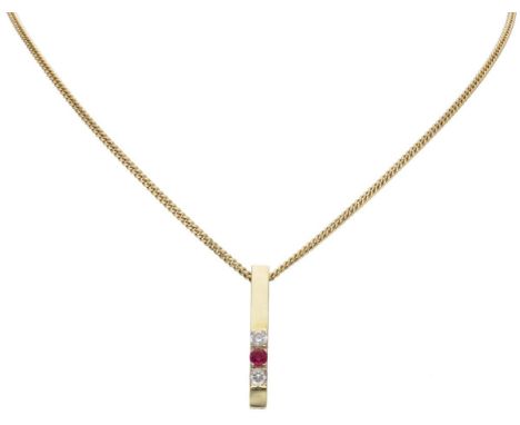 Hallmark: 585. Set with a round faceted synthetic ruby of approx. 0.10 ct. (Ø approx. 3 mm) and 2 white rhinestones (Ø 2x app