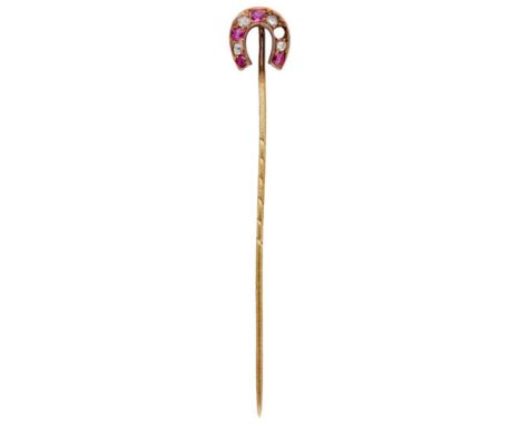 Hallmark: 585. Set with 4 round faceted rubies of approx. 0.20 ct. (Ø 4x approx. 2 mm) and 4 rose cut diamonds (Ø 4x approx. 