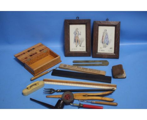 TWO FRAMED PICTURES, PIPE, A COLLECTION OF VINTAGE RULERS, BUTTON HOOKS ETC