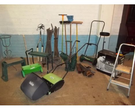 A SELECTION OF GARDEN TOOLS TO INCLUDE HAND MOWERS, DRAIN RODS ETC.
