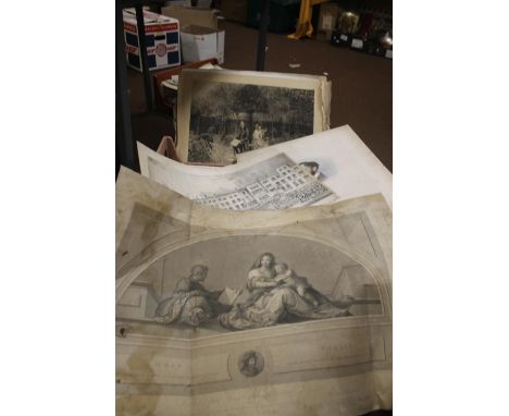 A LARGE TRAY OF ENGRAVINGS TO INCLUDE SIGNED PRINT BY W. DENDY SADLER, JOHN COTHER WEBB MEZZOTINT SIGNED IN PENCIL, PORTRAITS