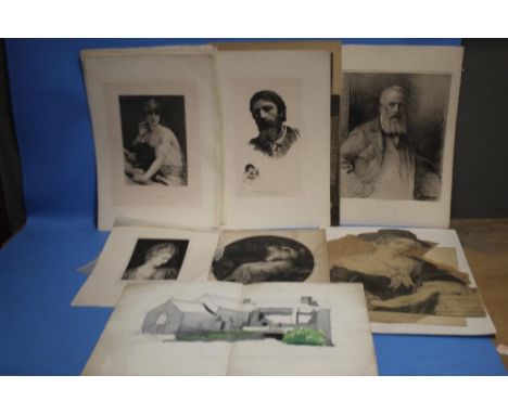TWO FOLDERS OF ETCHINGS, ENGRAVINGS AND DRAWINGS TO INCLUDE A PORTRAIT BY OTTO LEYDE AFTER J. E. MILLAIS, BY A. CADART AFTER 