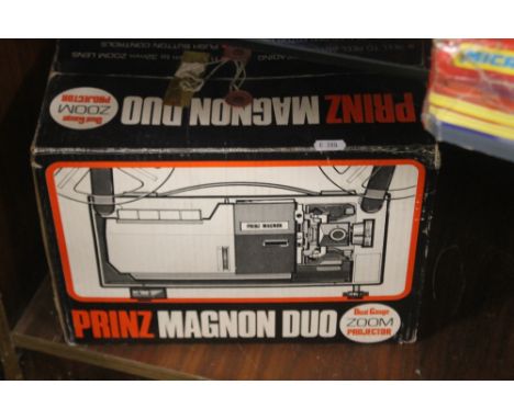 A BOXED PRINZ MAGNON DUO ZOOM PROJECTOR TOGETHER WITH A BOX OF PROJECTOR FILMS