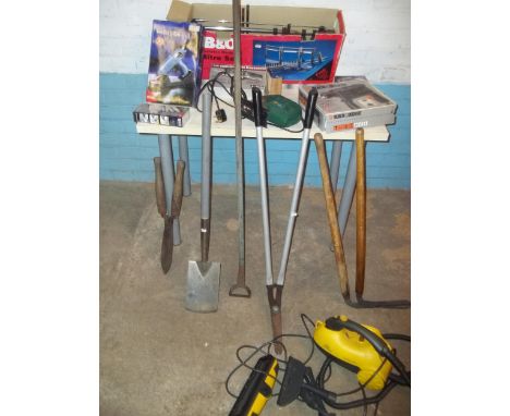A SELECTION OF BOXED TOOLS AND GARDEN TOOLS TO INCLUDE A MITRE SAW AND A STEAM CLEANER