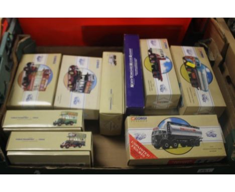 TWO TRAYS OF DIECAST VEHICLES TO INCLUDE CORGI BUSES AND TRUCKS AND "DAYS GONE" VINTAGE VEHICLES 