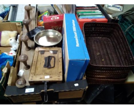 A TRAY CONTAINING VINTAGE COAT RACK, VINTAGE WEIGHING SCALES, BOX OF VINTAGE BOTTLES J. BIDDY &amp; SON, RONSON ESCORT 2000 H
