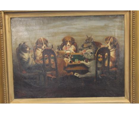 A FRAMED OIL ON CANVAS DEPICTING DOGS PLAYING CARDS SIGNED TO THE LOWER LEFT 59 X 48 CM