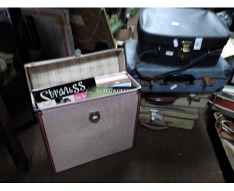 FIVE SMALL VINTAGE CASES AND A PROJECTOR SCREEN
