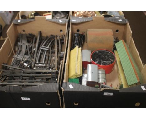TWO TRAYS OF MODEL RAILWAY TO INCLUDE TIN PLATE ENGINE, CARRIAGES, STATION AND TRACK 