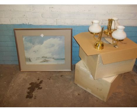 TWO RETRO UNUSED BOXED GOLD EFFECT CHANDELIERS AND A FRAMED PRINT BY DANA GIBSON NOBLE