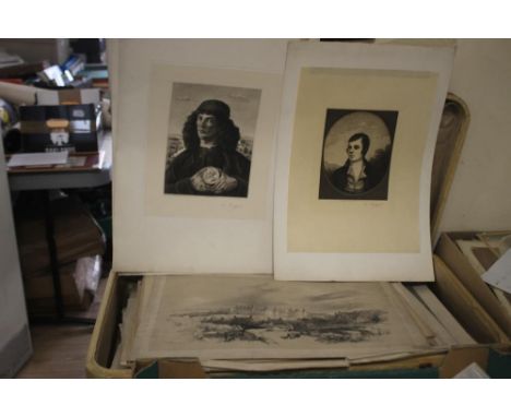 A SUITCASE OF ENGRAVINGS CONTAINING MANY TOPOGRAPHICAL, ARCHITECTURAL ETC, HARDING PALACE OF HOLLYWOOD, PORTRAIT SIGNED BY PE