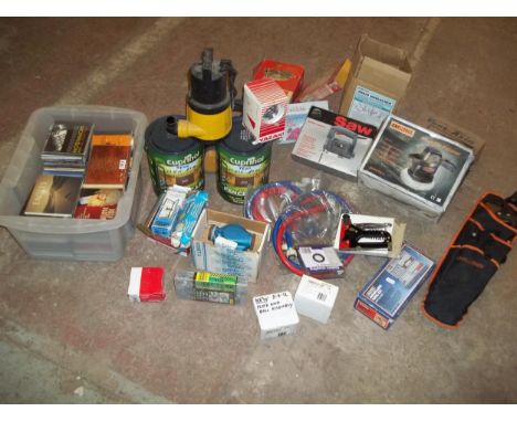 A SELECTION OF BOXED TOOLS ETC. TO INCLUDE CUPRINOL WOOD PRESERVATIVE AND A CENTRAL HEATING PUMP