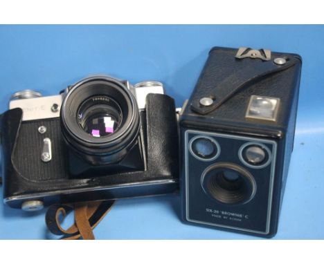 A VINTAGE ZENITH CAMERA AND A BOX CAMERA
