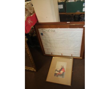 A FRAMED AND GLAZED INDENTURE, A PORTRAIT AND A MIRROR