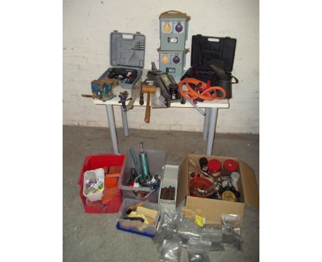 A LARGE SELECTION OF TOOLS TO INCLUDE A CAR JACK AND TWO 110V TRANSFORMERS