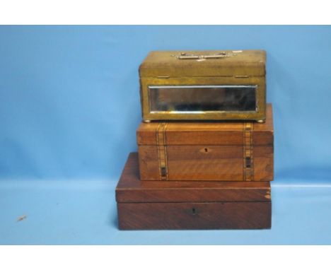 THREE VINTAGE BOXES, TWO TREEN AND ONE MIRRORED JEWELLERY BOX