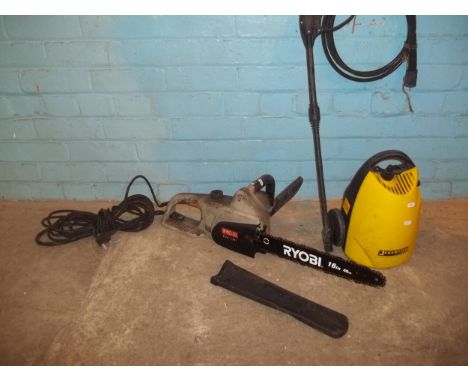 A RYOBI ELECTRIC CHAINSAW AND A POWER WASHER