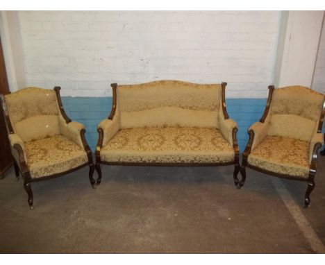 AN EDWARDIAN THREE PIECE SUITE, TWO SEATER SOFA AND TWO CHAIRS WITH MAHOGANY INLAID DETAIL
