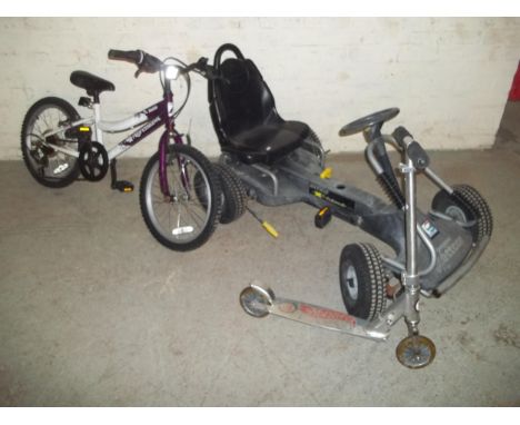 THREE ITEMS A CHILDREN'S KETTACAR GO KART, A HOTWHEELS SCOOTER AND A SECILLA PROFESSIONAL BICYCLE