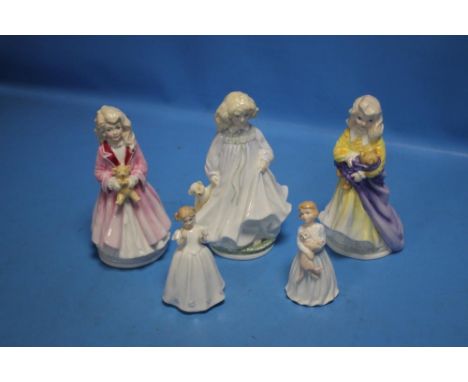 FIVE ROYAL DOULTON FIGURINES - THREE LARGE AND TWO SMALL - 'FAITH', 'HOPE', 'CHARITY' A/F, 'MY FIRST PET' AND 'CATHERINE'Cond