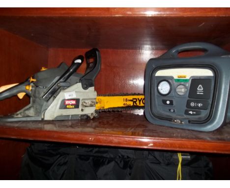 A RYOBI PETROL CHAINSAW AND A HALFORDS TYRE INFLATER