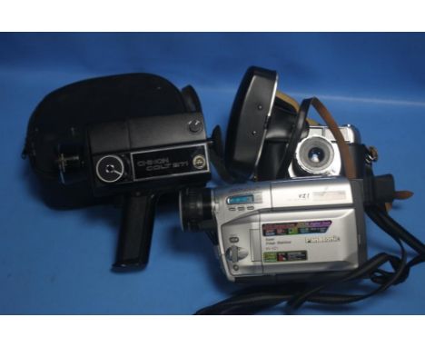 A CAMERA BAG WITH PANASONIC VIDEO CAMERA AND VINTAGE CHINON COLT VIDEO CAMERA, ALSO A HALINA CAMERA