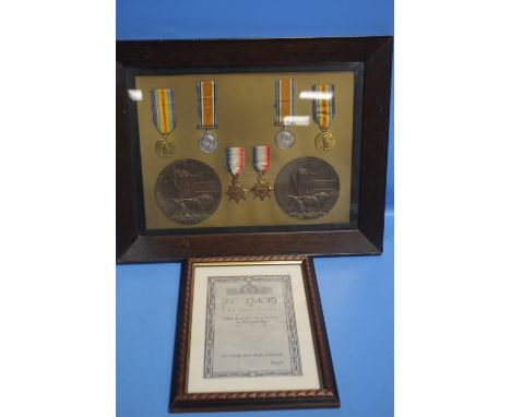 TWO FRAMED FIRST WORLD WAR MEDAL TRIOS WITH MEMORIAL PLAQUES NAMED DAVID ROGERS AND GEORGE ROGERS, TOGETHER WITH A WALSALL ME