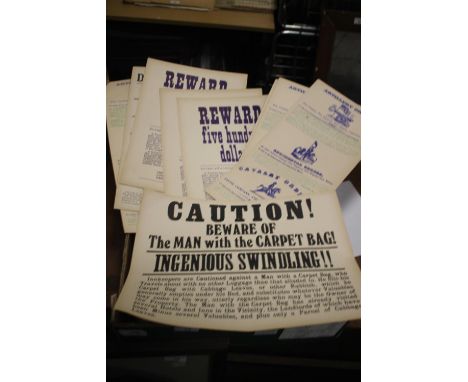 A COLLECTION OF REPRODUCTION 19TH CENTURY US STYLE POSTERS, to include 'Reward five hundred dollars', 'Caution Beware of the 