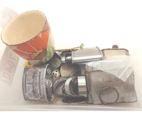 Four Ronson lighters, egg cup and some enamel badges 