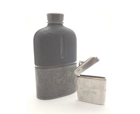 One hip flask pewter/leather cased and one silver vesta case hallmarked Chester, 1904 inscription