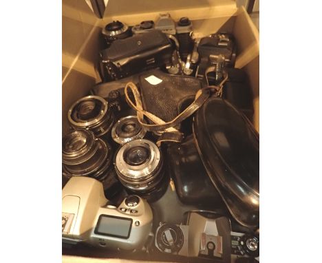 Box of mixed camera bodies and lenses