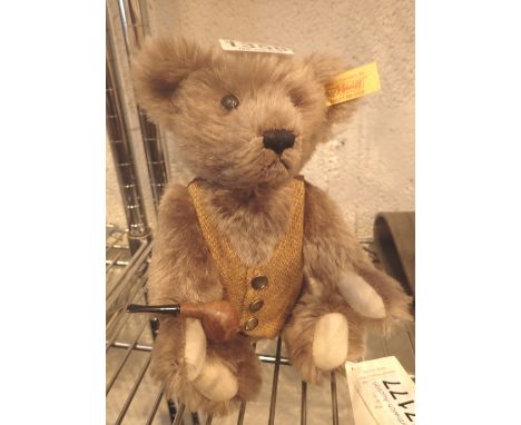 Small mohair Steiff bear with waistcoat and pipe