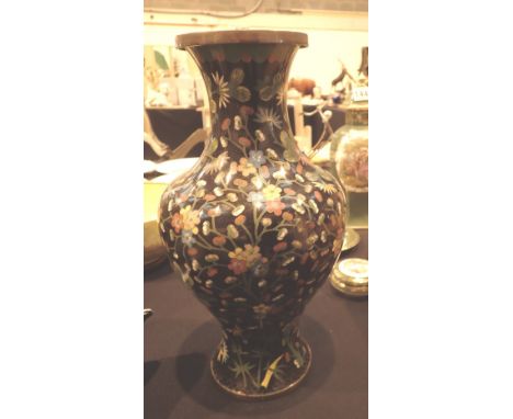 Chinese enamel tall black ground vase, H: 34 cm 