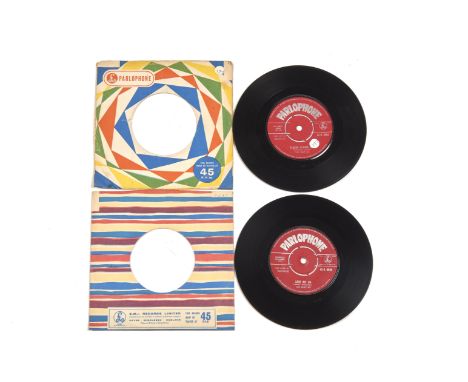 The Beatles, two original UK 7" single releases on the Red Parlophone label: Love Me Do (45-R 4949 - Made In Gt Britain on bo