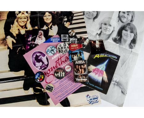 Abba, eight pin badges, Abba The Soap, Fan Club Key Ring, three photographs, two Bubble Gum packets with contents (damaged), 