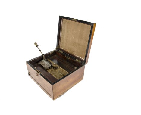Disc musical box, Polyphon: with ratchet wind, single comb (for 9 1/2 inch discs), in rectangular walnut case (lacking intern