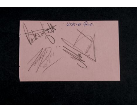 Status Quo, A vintage autograph album page signed by Rick Parfitt, Francis Rossi and Alan Lancaster, signature personally acq