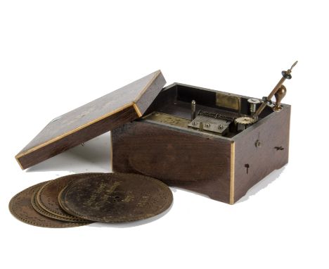 Disc musical box: Monopol, 7½ in, with top-wind motor and single comb (one tooth off), in rosewood case with  floral simulate