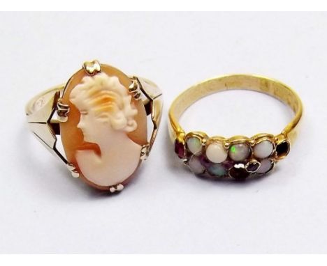 A Victorian 18 carat gold ring set opals and rubies a/f and a 9 carat gold cameo ring