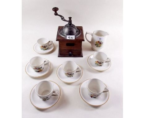 A Russell Hobbs vintage coffee set comprising: jug and six cups and saucers and a coffee grinder 