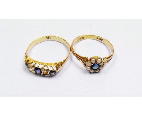 An Edwardian 9ct gold pearl and blue stone cluster ring and an 18ct gold sapphire and diamond ring (1 stone deficient)