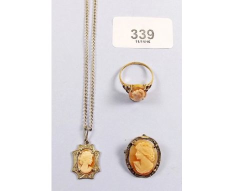 A 9ct gold cameo ring and a costume cameo brooch and necklace 