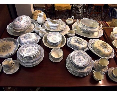 A  Victorian and later blue and white dinner service 'Asiatic Pheasant' comprising:- five various tureens and four lids, six 