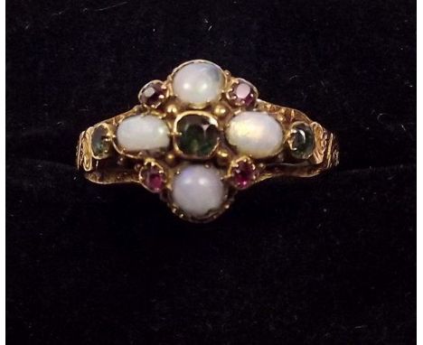 A Victorian ring set opals and green and red stones 