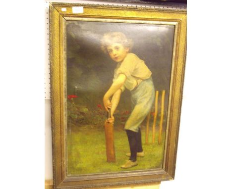 An Edwardian Pears oileograph depicting boy playing cricket - 64 x 42cm
