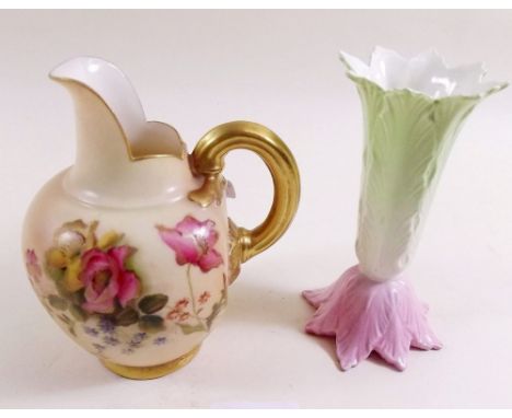 A Royal Worcester jug painted flowers on a ivory blush ground - No 1094, date code 1901 and a Royal Worcester leaf form bud v