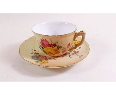 A Royal Worcester cup and saucer painted flowers on an ivory blush ground, date code 1903