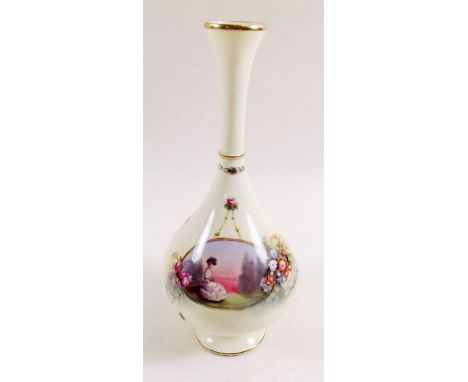 A Royal Worcester long necked vase painted by Jack Stanley, the floral flanked reserve depicting lady seated in a landscape, 