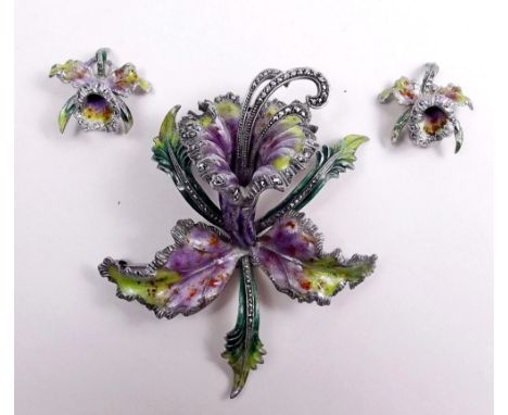 A vintage enamel and marcasite large Iris brooch and earrings 