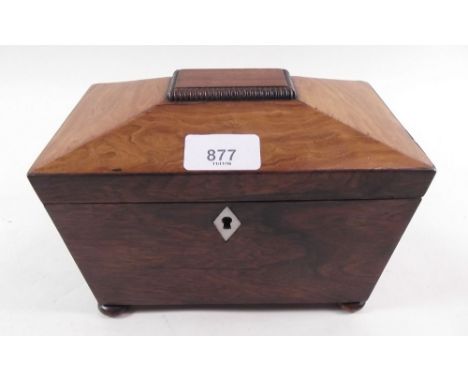 A Victorian small sarcophagus form rosewood tea caddy - fitted two caddies within 